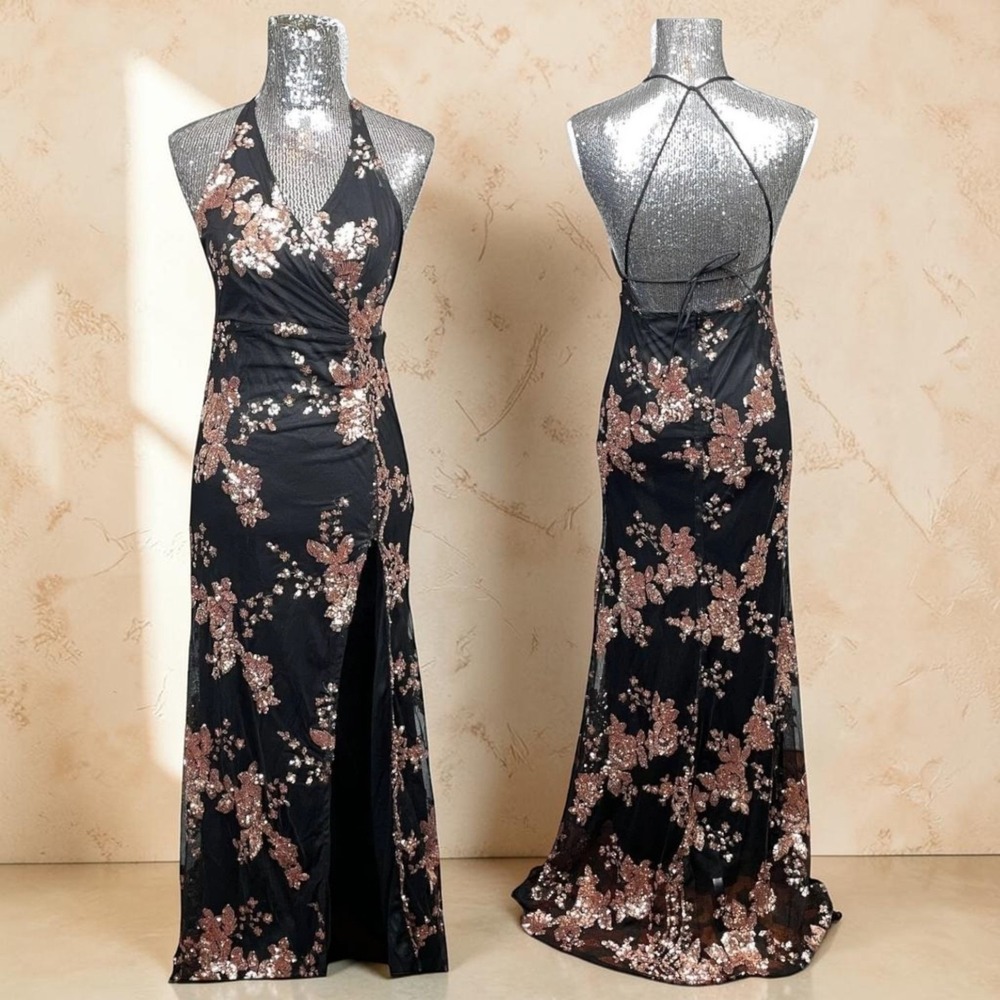 Formal Sequin Mesh Maxi Halter Slit Prom Homecoming Dress Small Glam Evening